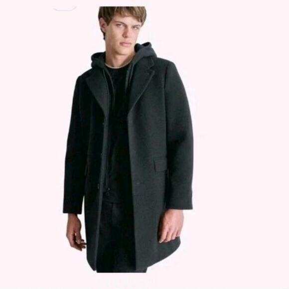 DKNY Mens Wool Blend Black Coat W/Removable Hood Size small NEW